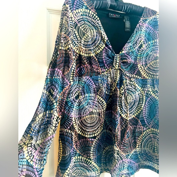 NYLoN MeSH Vintage 90s Y2K Axcess Liz Claiborne Long Sleeve Top Kaleidoscope XL - Picture 3 of 6